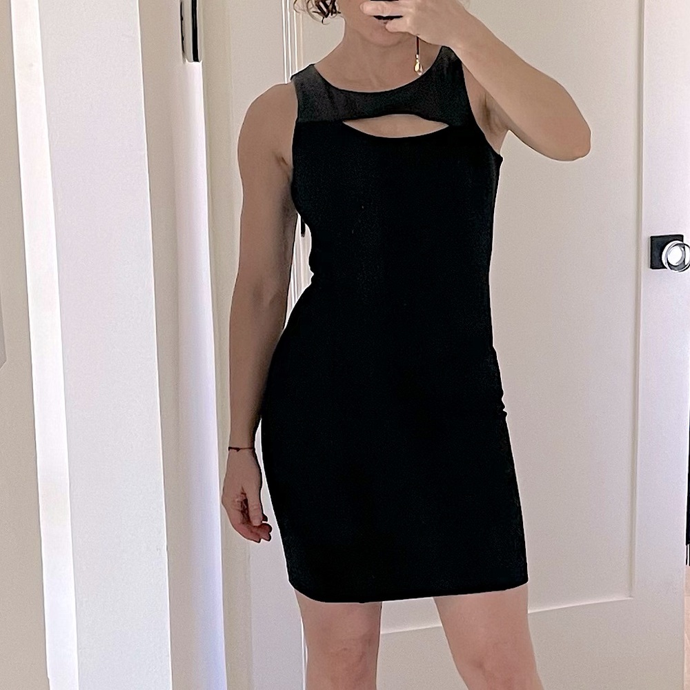 NWOT LBD black leather insert cutout dress sz xs, wink